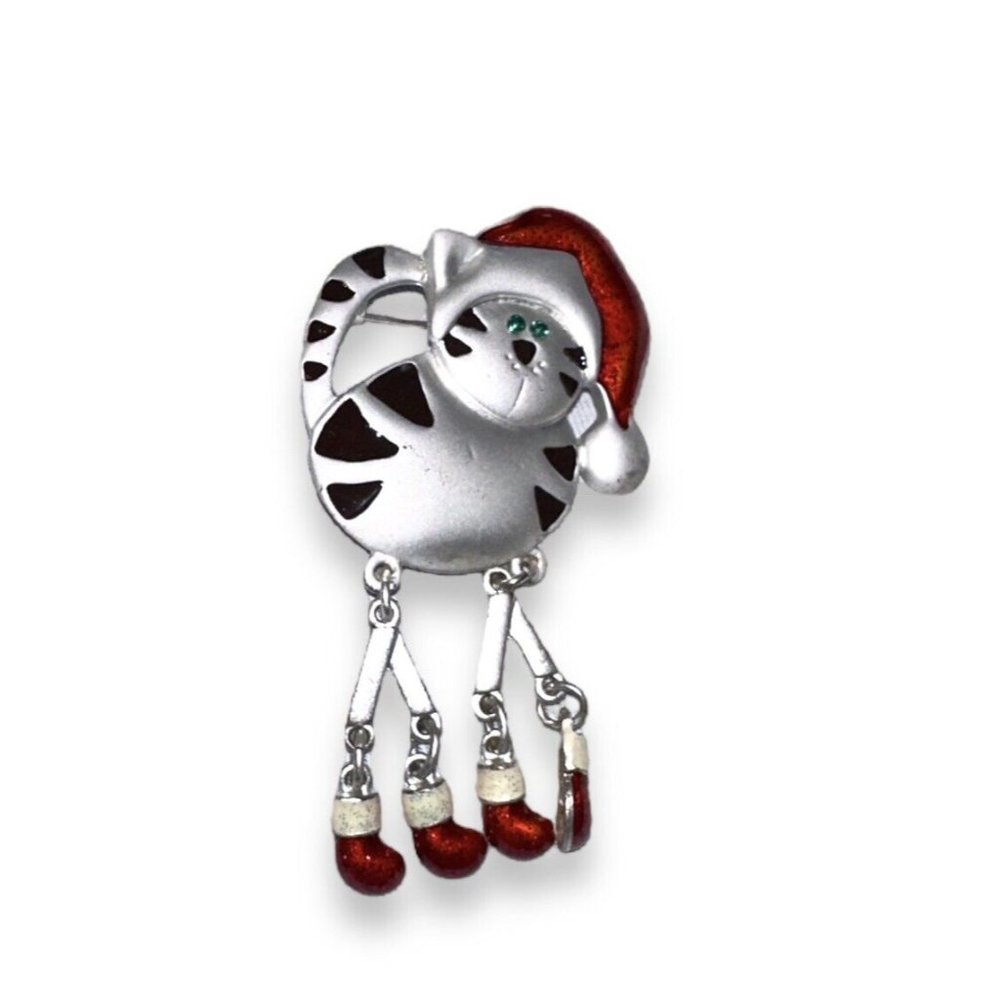 Vintage Avon Whimsical Winter Christmas Brooch Santa Cat Enamel Articulated Legs